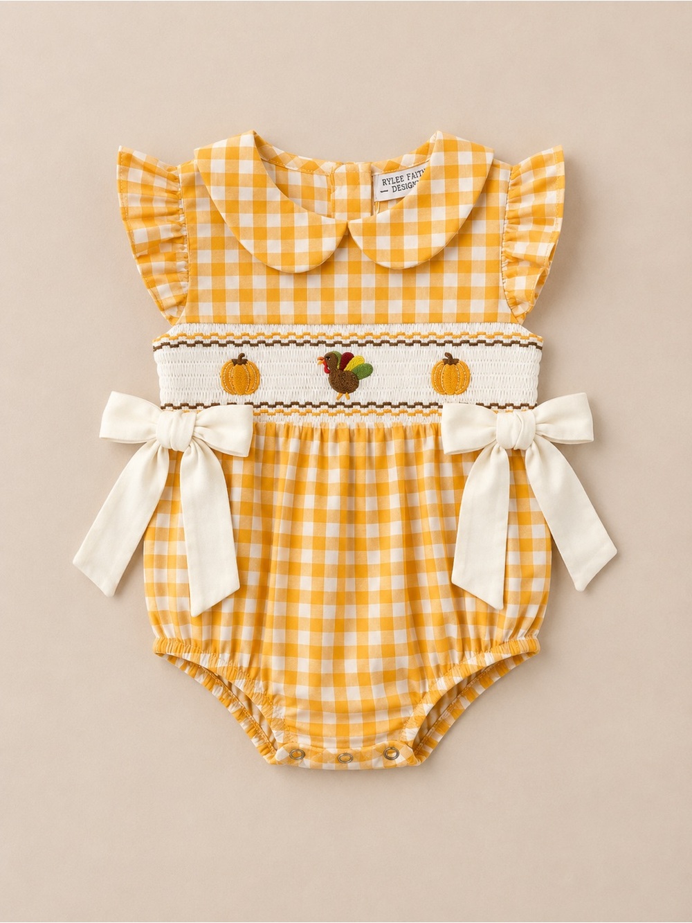 Rylee Faith Fall Thanksgiving Smocked Gingham Romper 18M